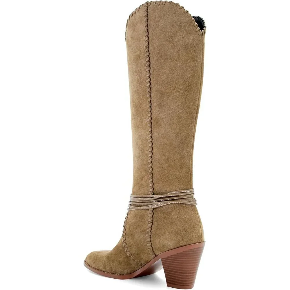 Women's Camel Suede Cowboy Pointed Toe Knee High Chunky Stylish Comfortable Heel